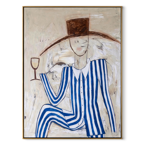 Blue Stripes Raise Glass – Blue Stripe Seated Figure Painting | Mid-Century Modern Vertical Wall Art