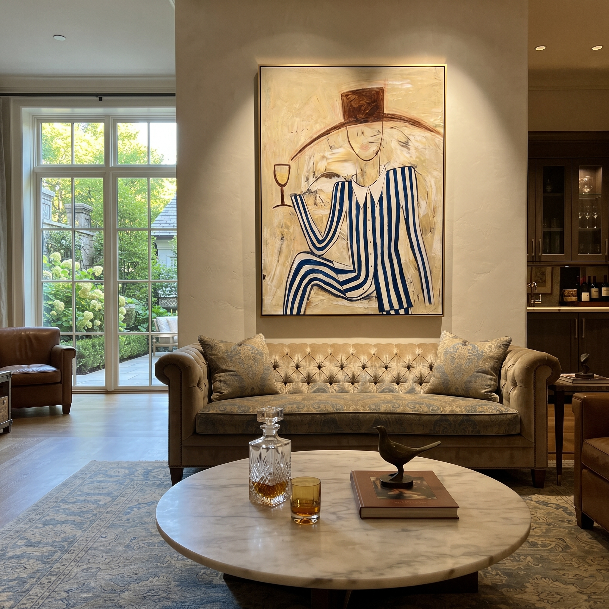 Blue Stripes Raise Glass presented above a contemporary console