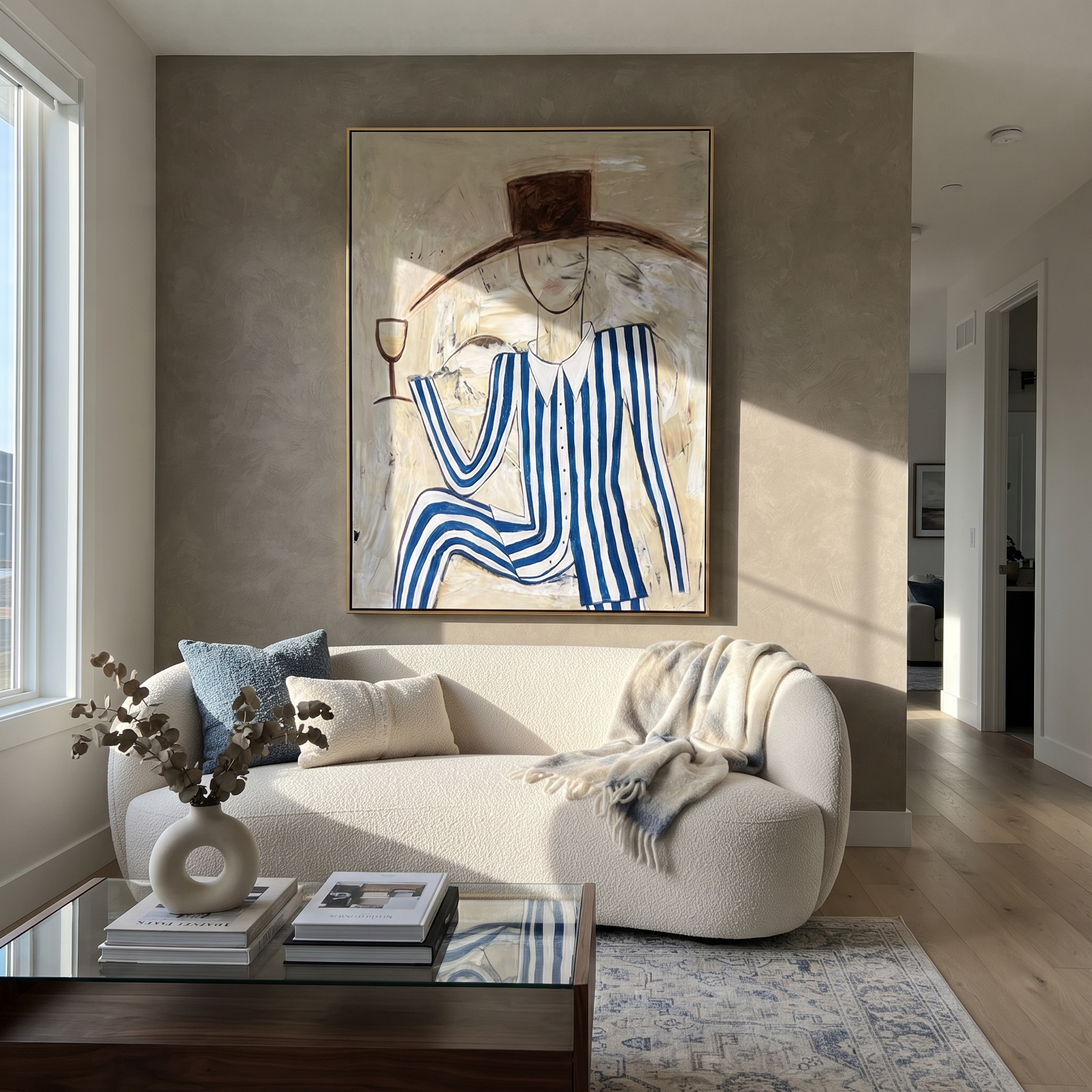 Blue Stripes Raise Glass styled in a layered residential interior