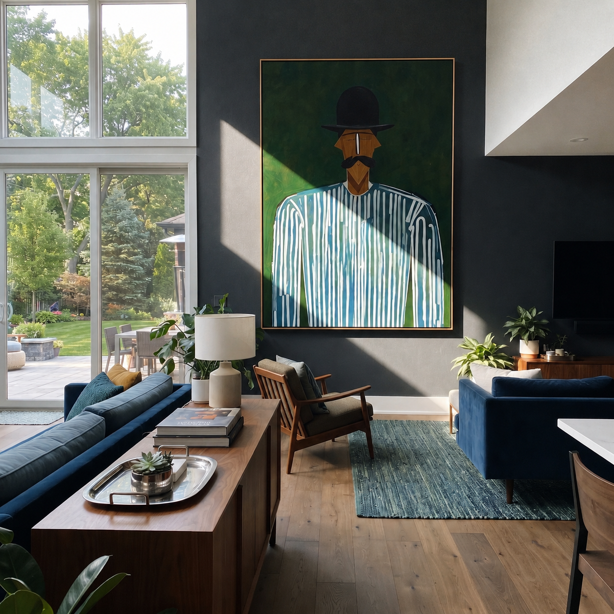 Blue Lines Meet Forest displayed in a warm contemporary interior