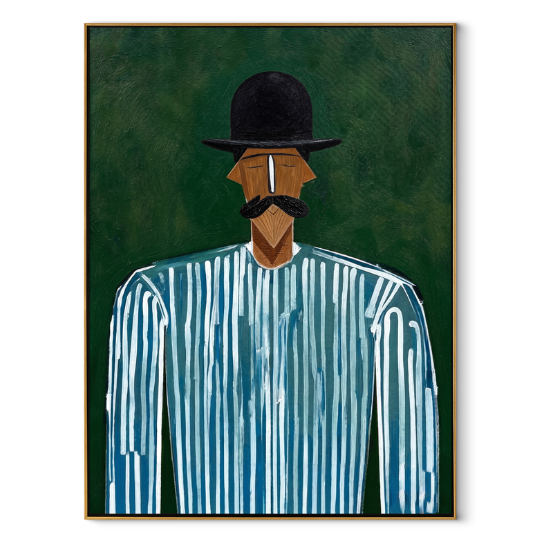Blue Lines Meet Forest – Bowler Hat Stripe Portrait Painting | Mid-Century Modern Vertical Wall Art