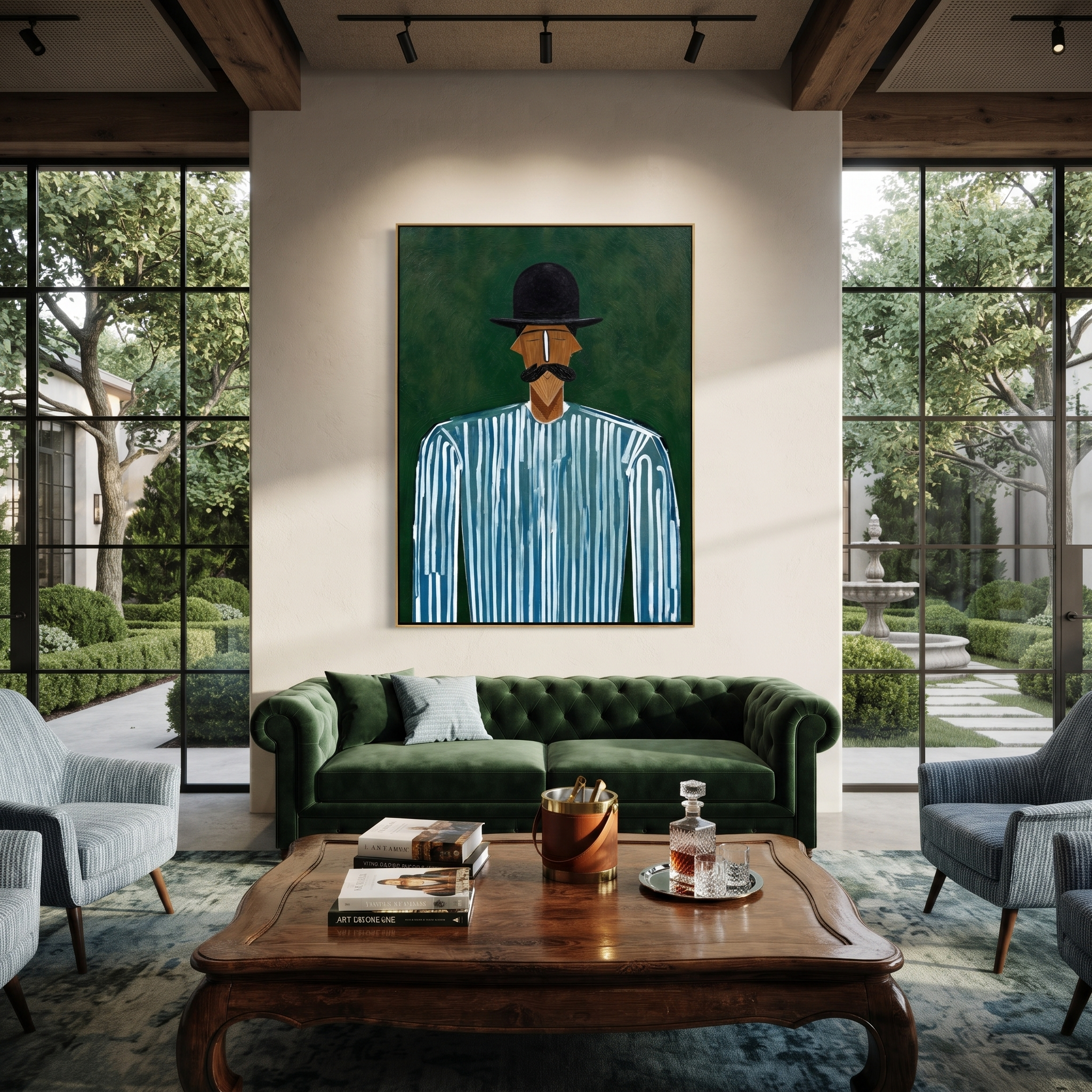 Blue Lines Meet Forest presented above a contemporary console