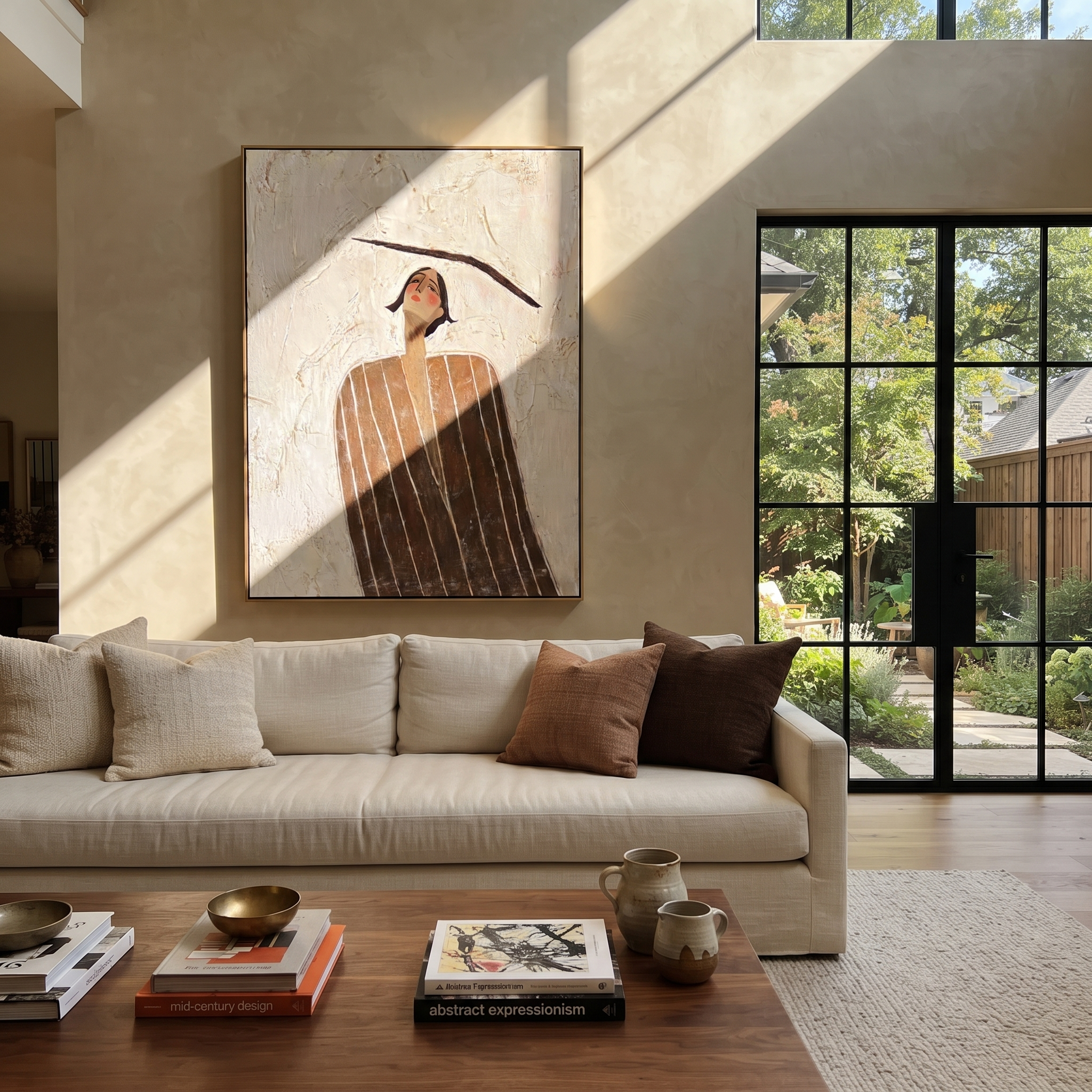 Brown Lines Look Upward displayed in a warm contemporary interior