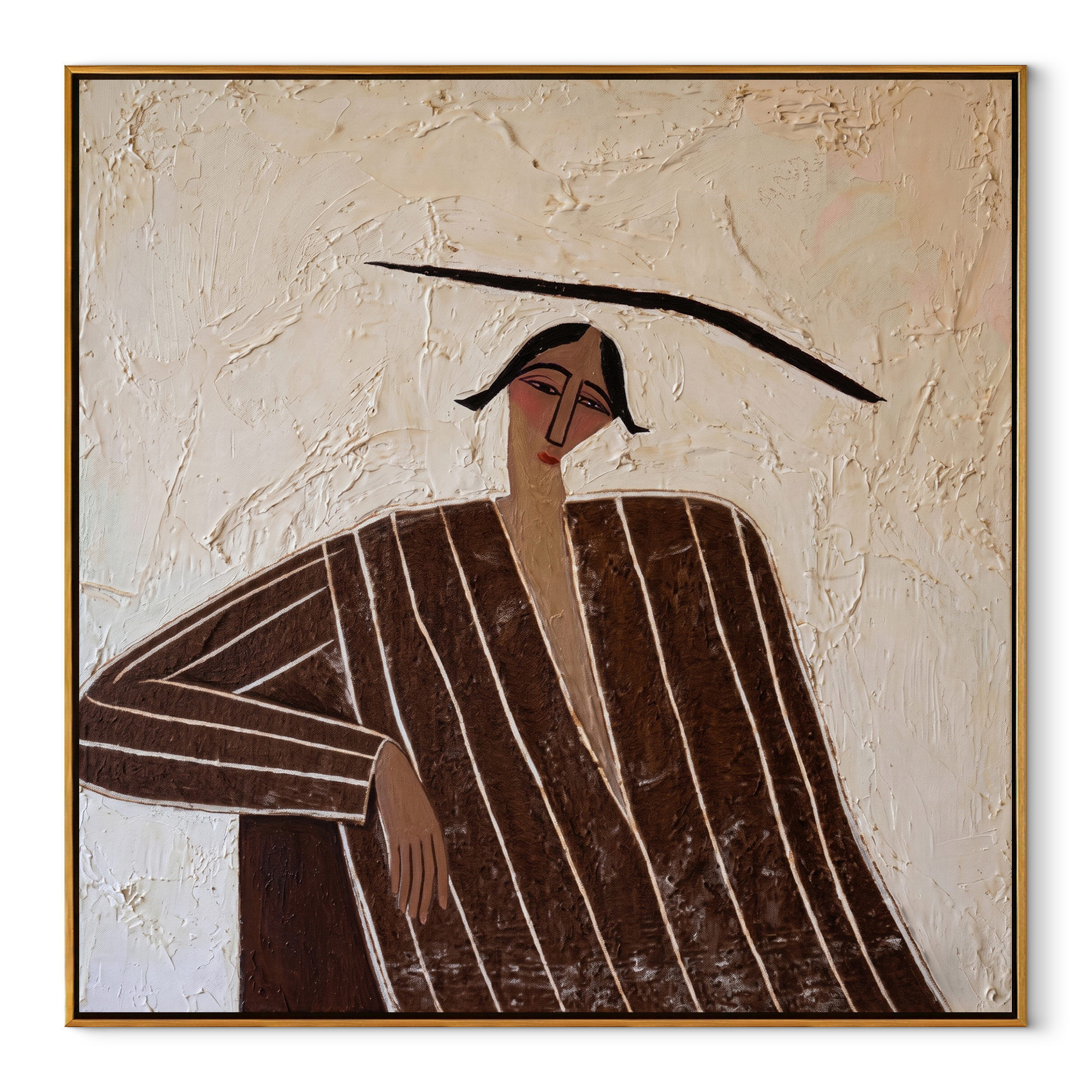 Quiet Elbow Rests Brown abstract figurative textured painting, square canvas artwork