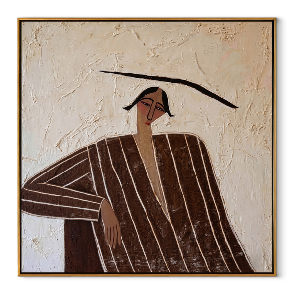 Quiet Elbow Rests Brown – Brown Stripe Seated Portrait Painting | Mid-Century Modern Square Wall Art