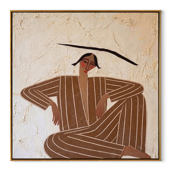 Brown Angles Sit Wide – Cross Legged Stripe Figure Painting | Mid-Century Modern Square Wall Art