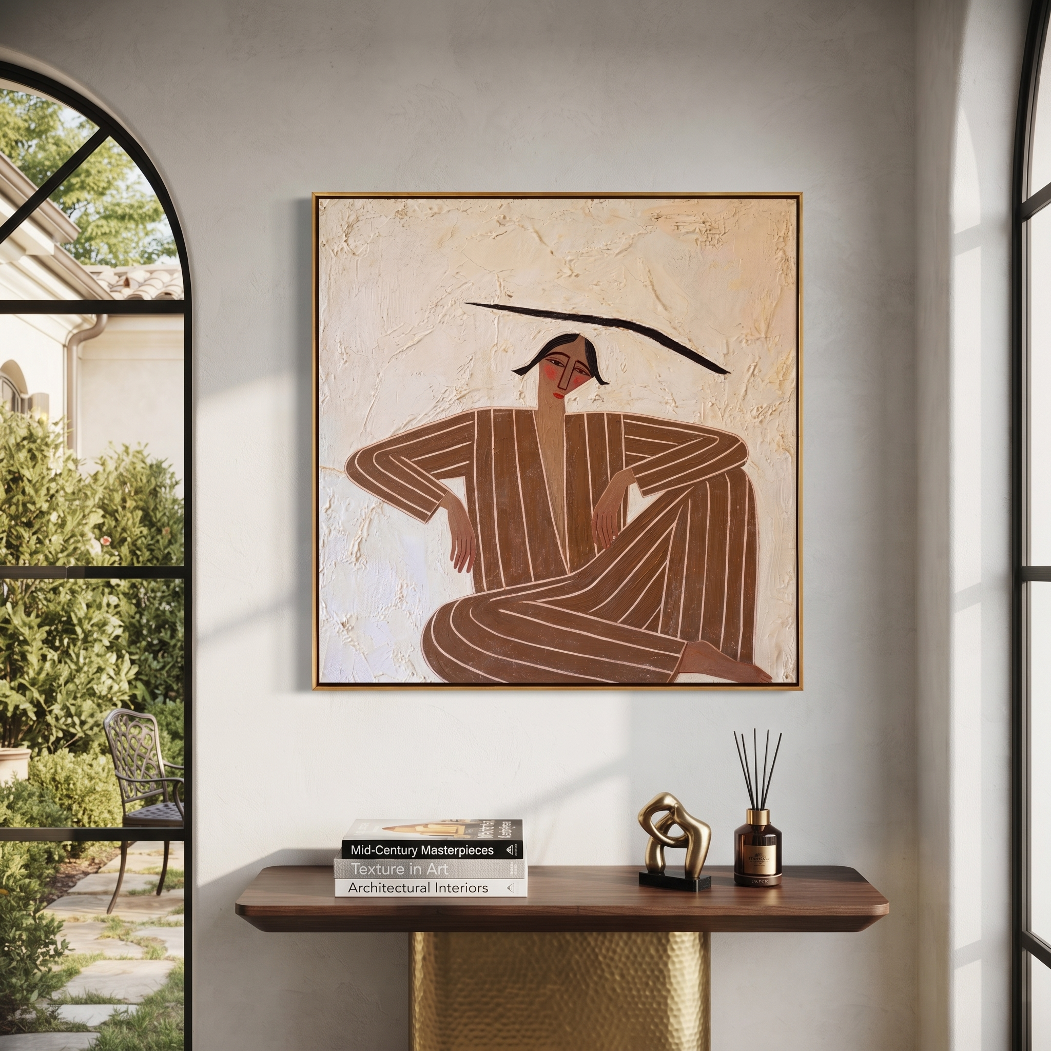 Brown Angles Sit Wide presented above a contemporary console