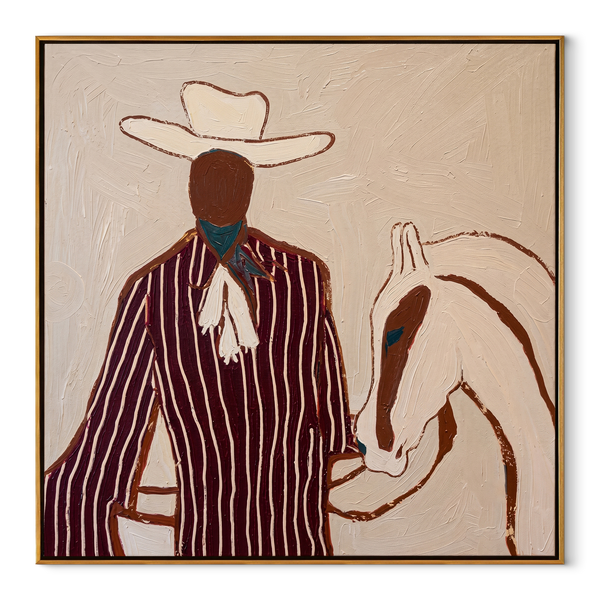 Burgundy Rider Shares Calm – Cowboy and White Horse Painting | Mid-Century Modern Square Wall Art