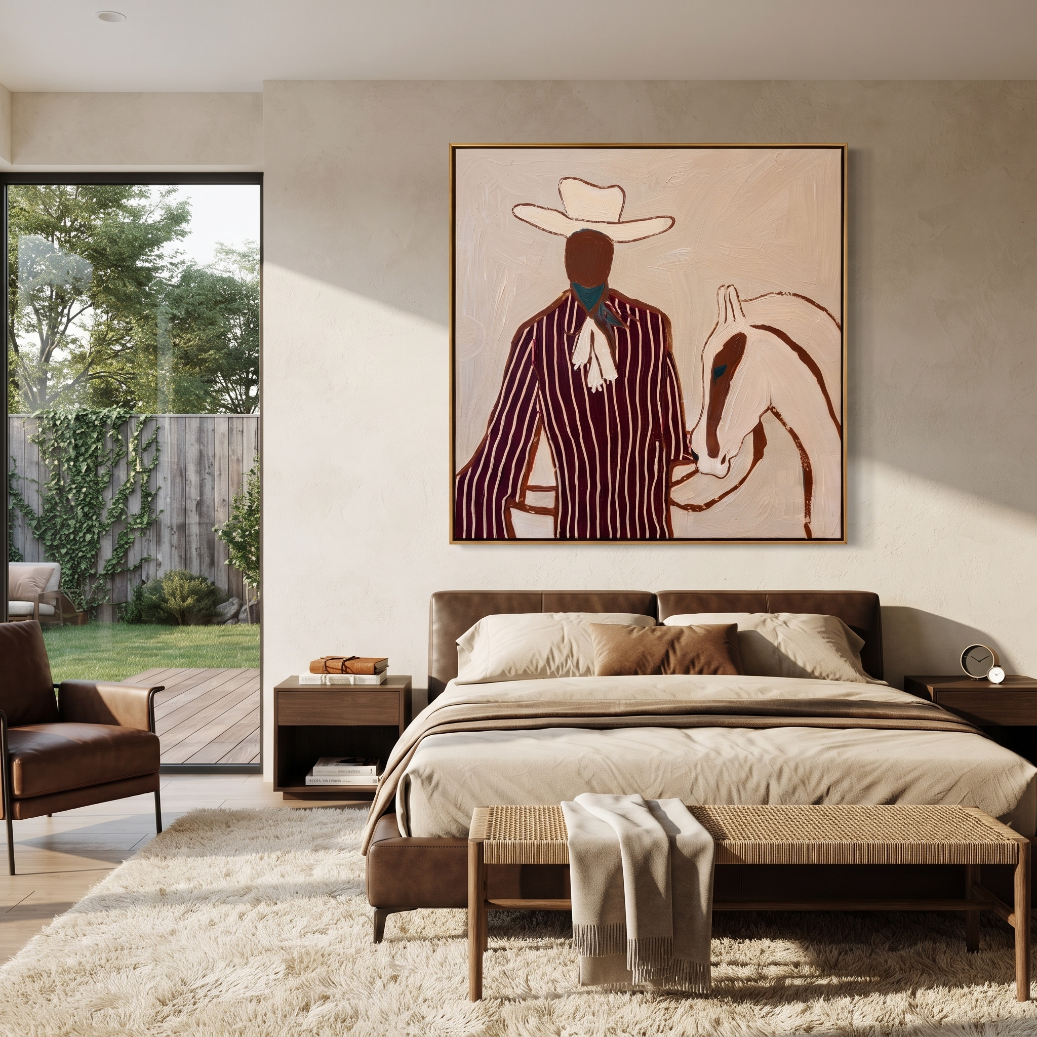 Burgundy Rider Shares Calm styled with neutral modern furnishings