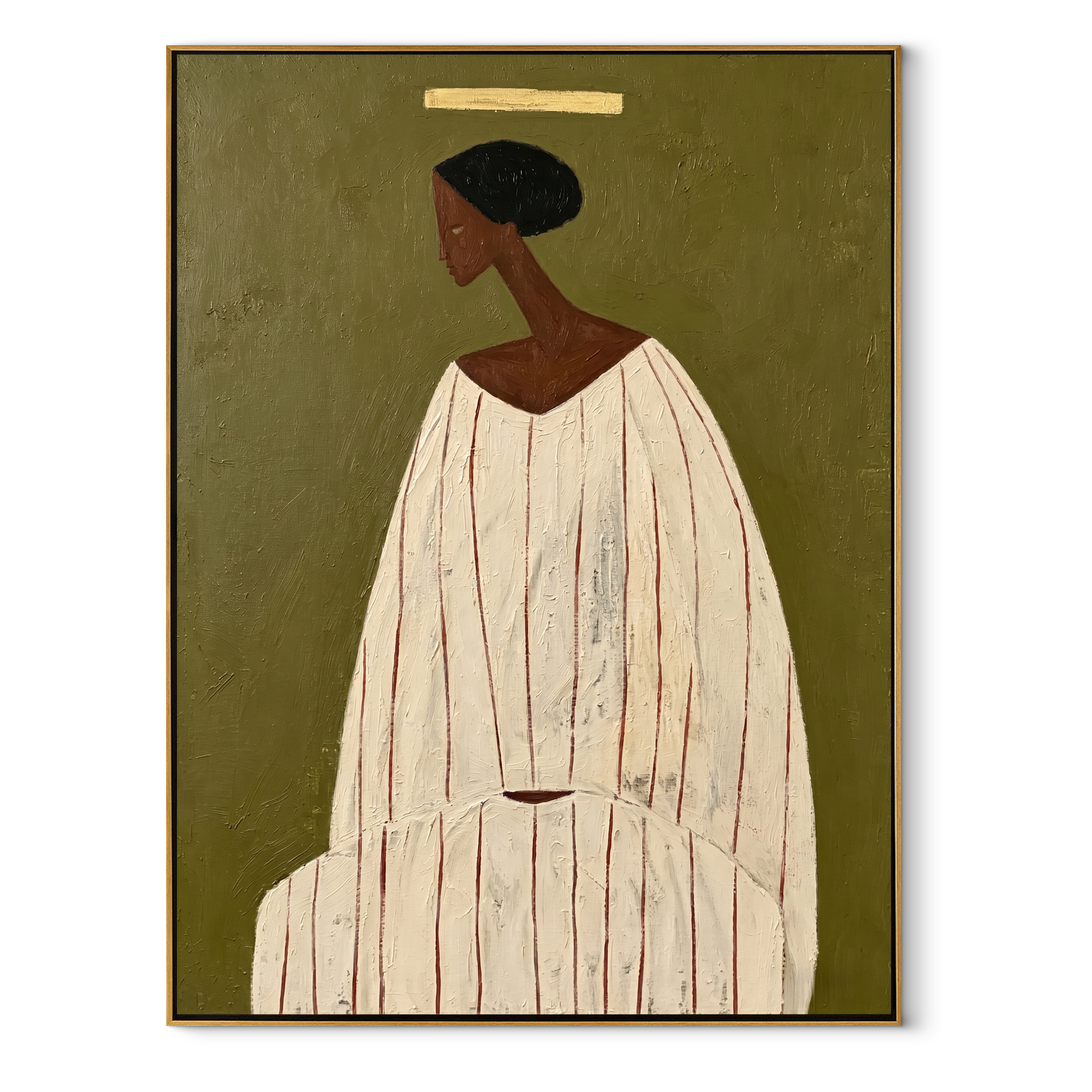 Ivory Robe Holds Olive abstract figurative textured painting, vertical canvas artwork