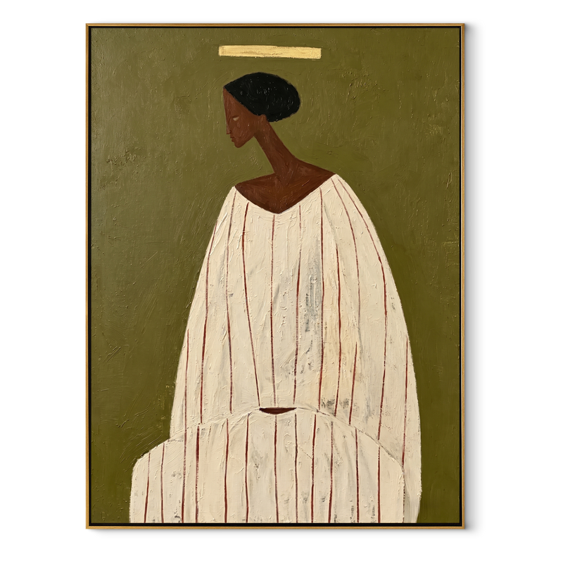 Ivory Robe Holds Olive – Seated Ivory Robe Figure Painting | Mid-Century Modern Vertical Wall Art