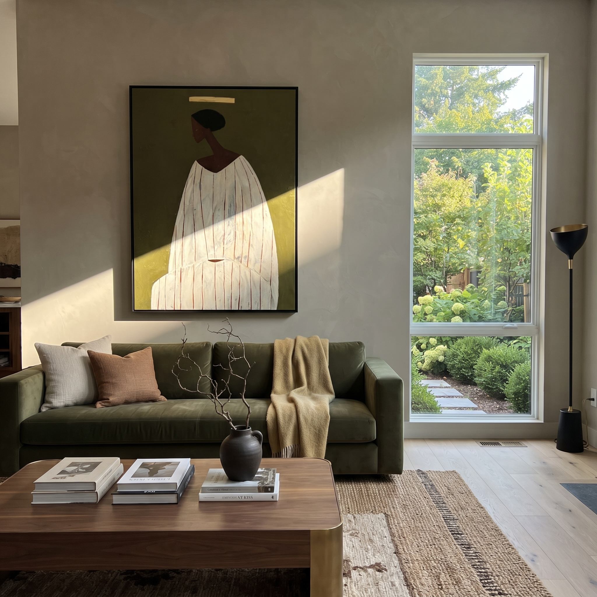 Ivory Robe Holds Olive styled with neutral modern furnishings
