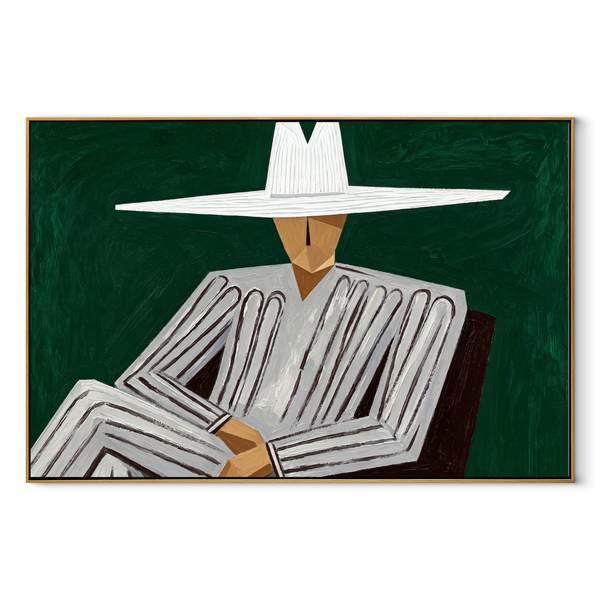 White Brim Folds Gray – Folded Arm White Hat Figure Painting | Mid-Century Modern Horizontal Wall Art