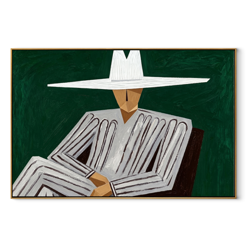White Brim Folds Gray – Folded Arm White Hat Figure Painting | Mid-Century Modern Horizontal Wall Art