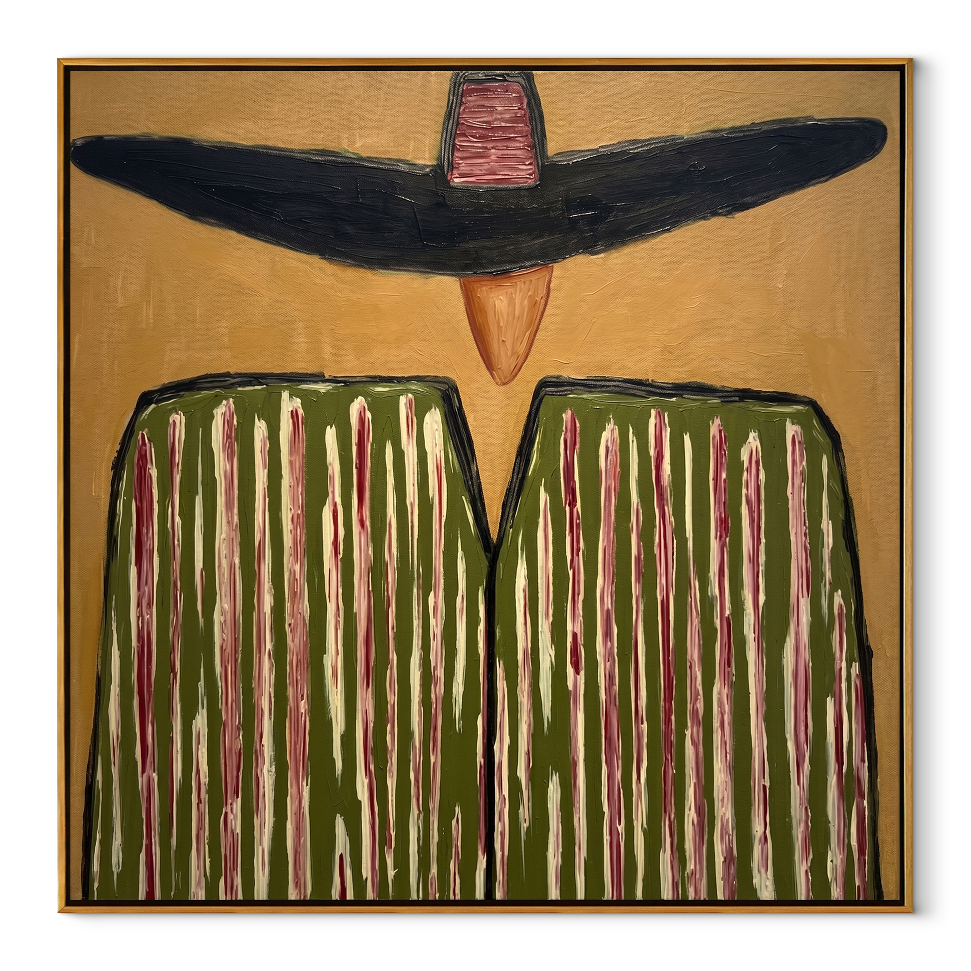 Black Brim Shadows Green abstract figurative textured painting, square canvas artwork