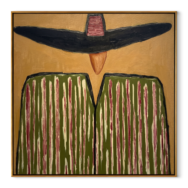 Black Brim Shadows Green – Oversized Hat Stripe Figure Painting | Mid-Century Modern Square Wall Art