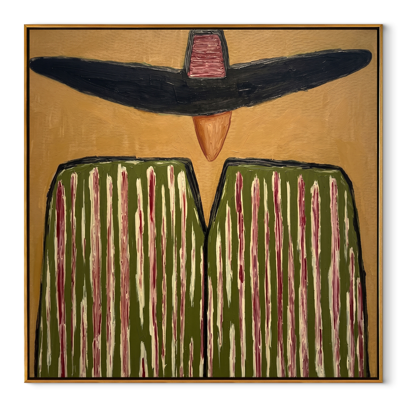 Black Brim Shadows Green – Oversized Hat Stripe Figure Painting | Mid-Century Modern Square Wall Art