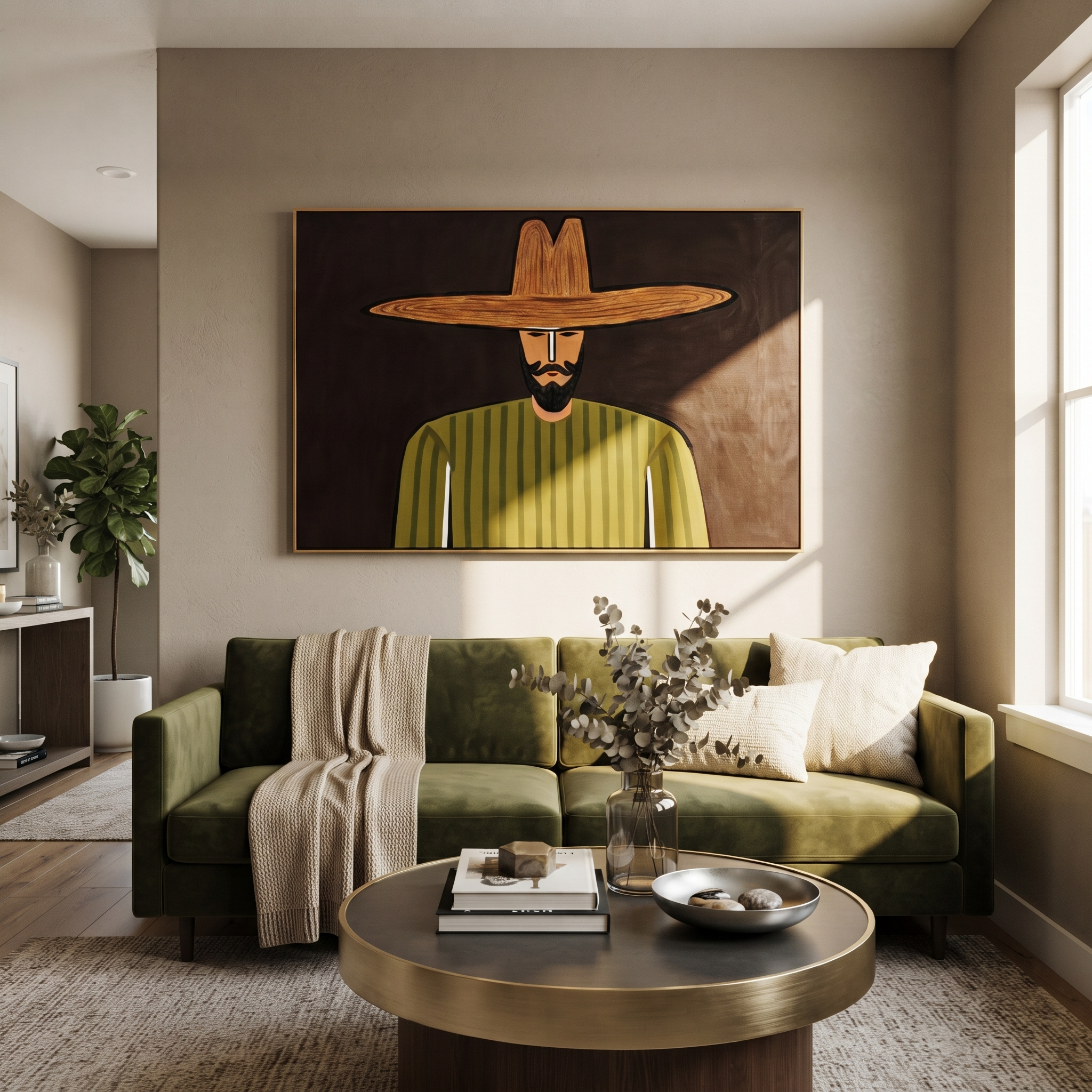 Olive Lines Face Midnight displayed in a warm contemporary interior