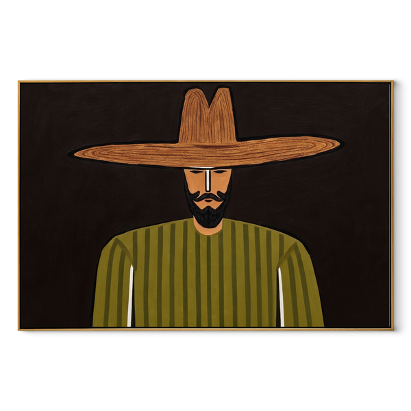 Olive Lines Face Midnight – Bearded Olive Portrait Painting | Mid-Century Modern Horizontal Wall Art