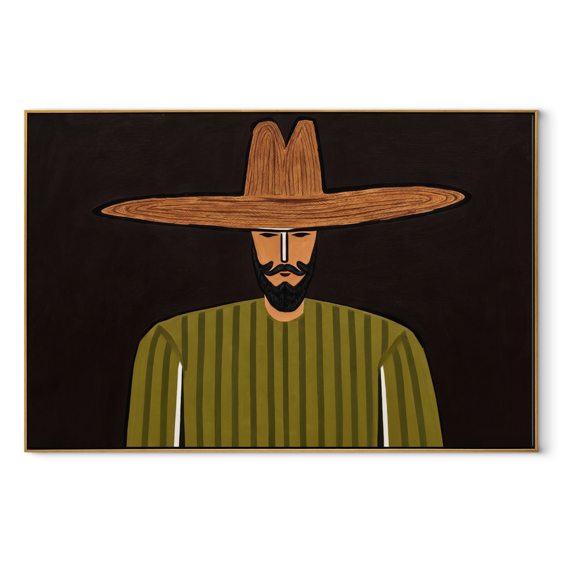 Olive Lines Face Midnight – Bearded Olive Portrait Painting | Mid-Century Modern Horizontal Wall Art
