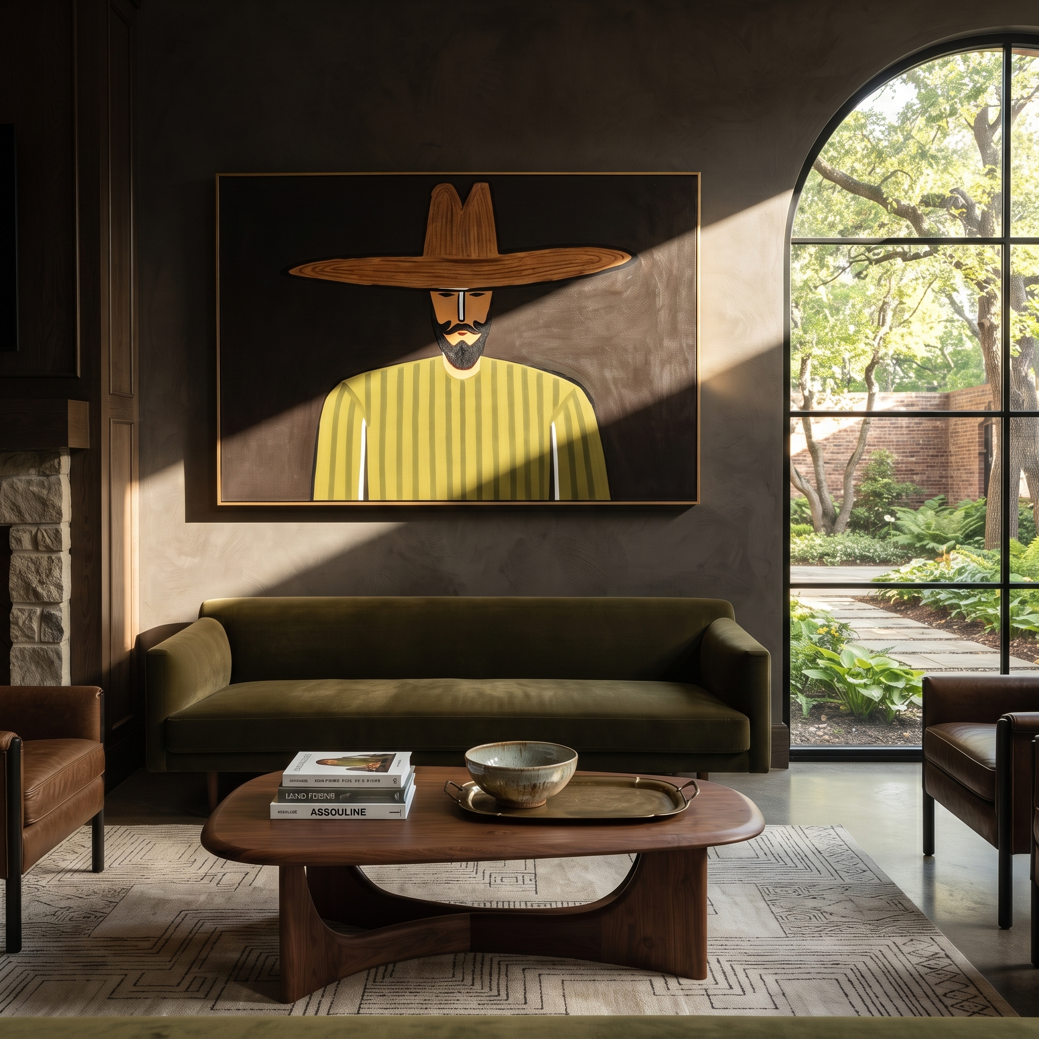 Olive Lines Face Midnight styled with neutral modern furnishings