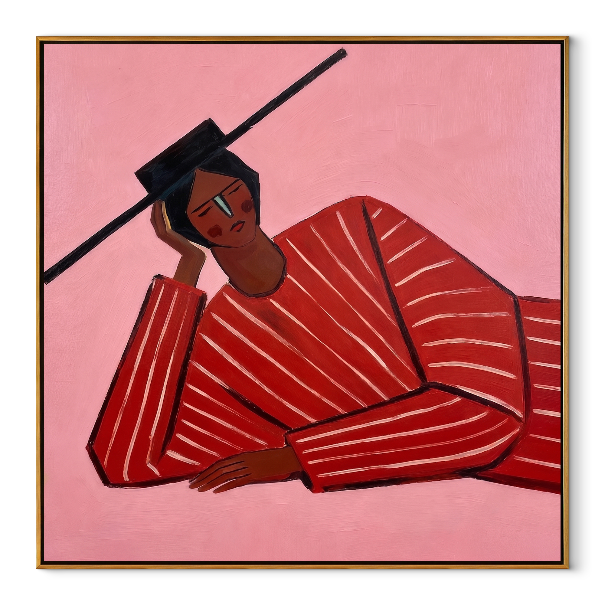 Scarlet Thought Leans Rose abstract figurative textured painting, square canvas artwork