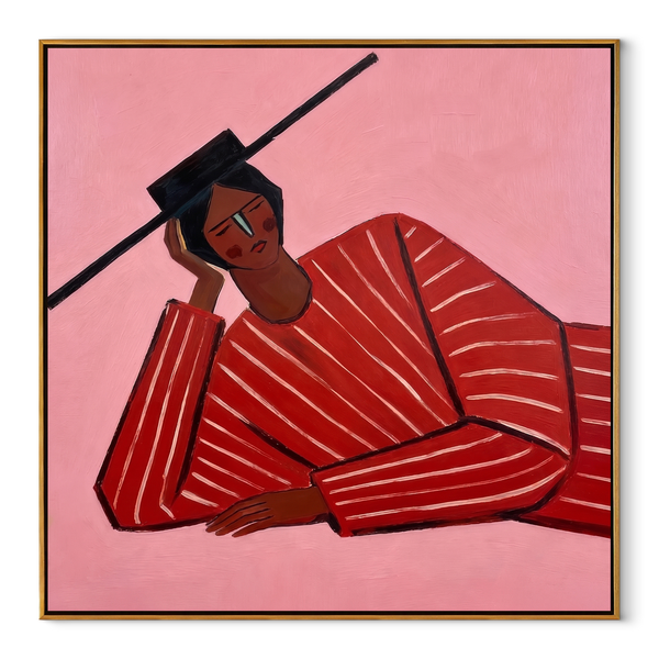 Scarlet Thought Leans Rose – Leaning Red Stripe Figure Painting | Mid-Century Modern Square Wall Art