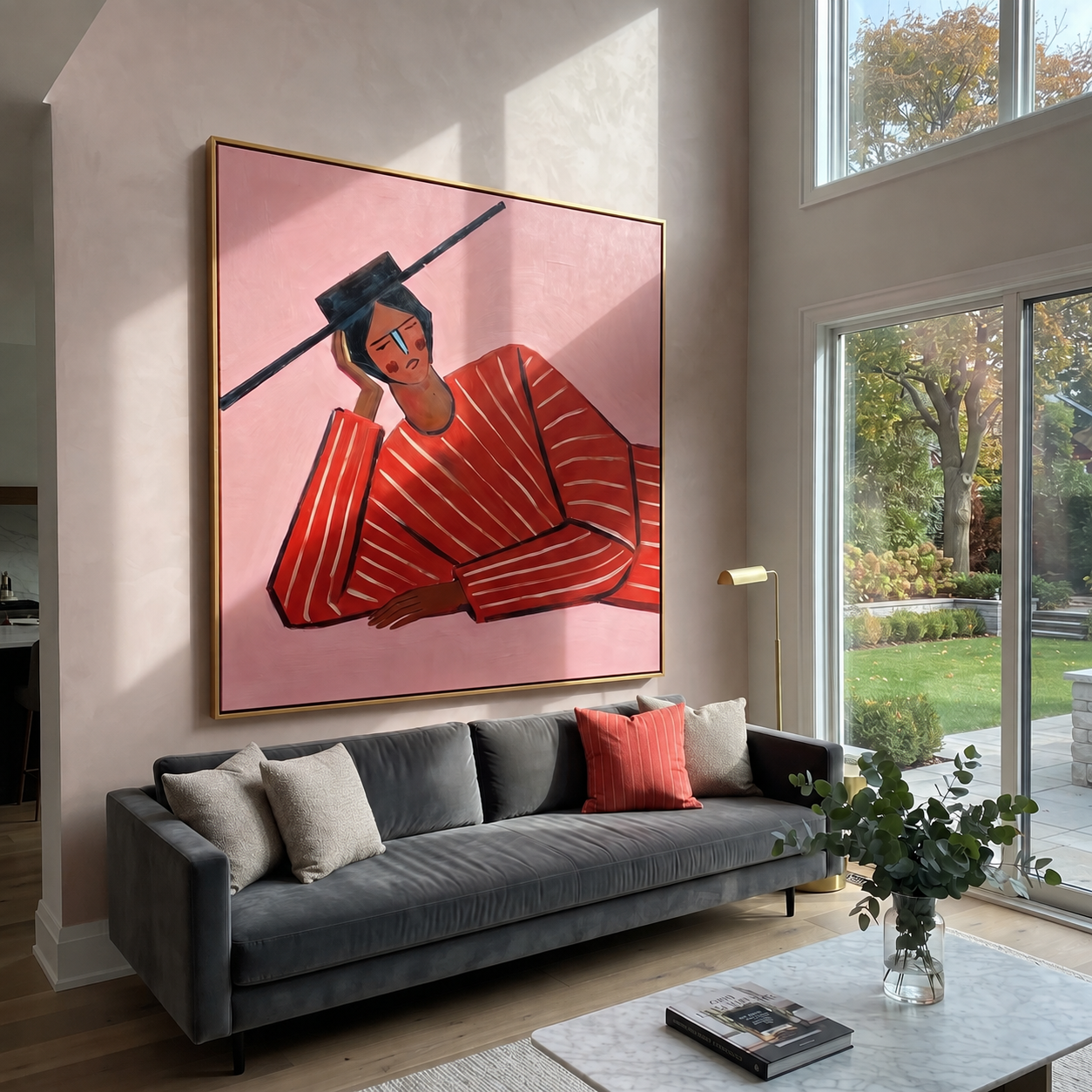 Scarlet Thought Leans Rose styled with neutral modern furnishings