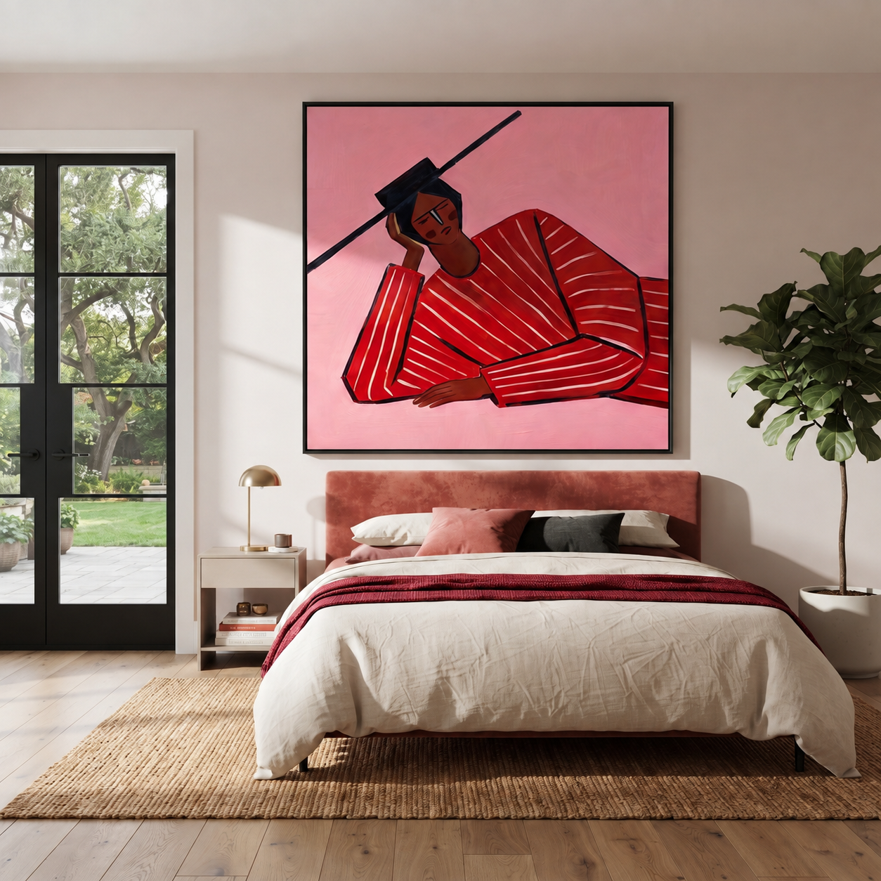 Scarlet Thought Leans Rose presented above a contemporary console