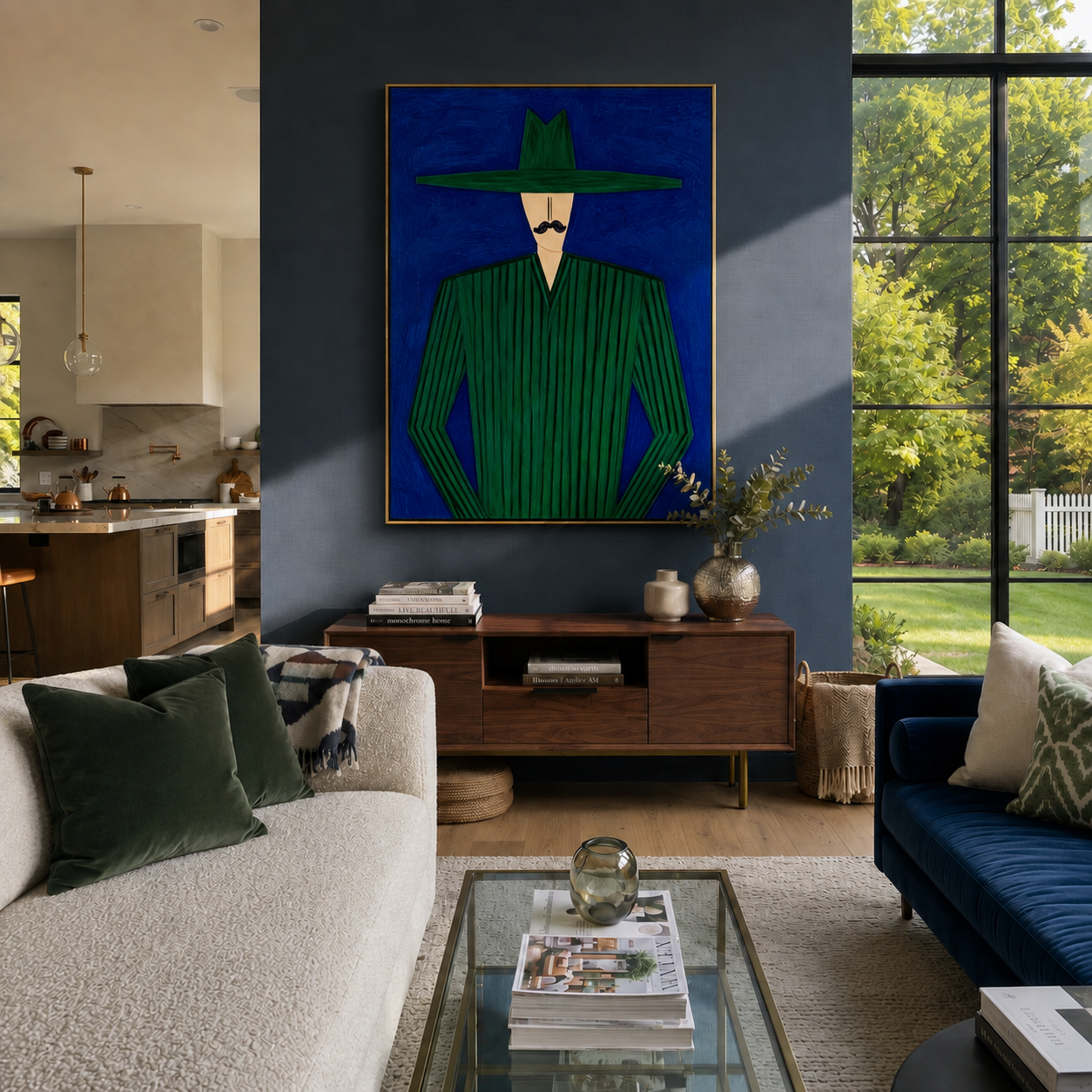 Emerald Lines Stand Cobalt displayed in a warm contemporary interior
