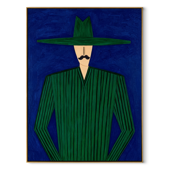 Emerald Lines Stand Cobalt – Green Suit Hat Figure Painting | Mid-Century Modern Vertical Wall Art