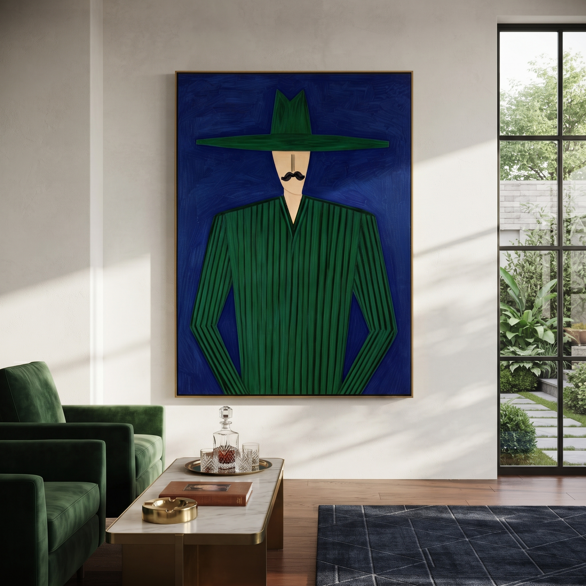 Emerald Lines Stand Cobalt presented above a contemporary console