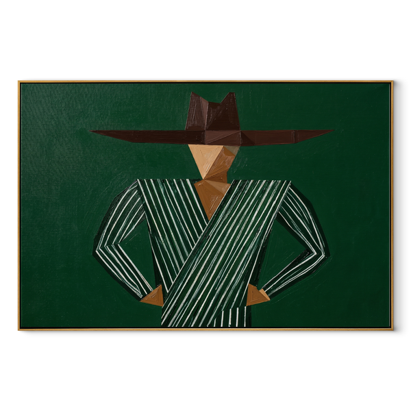 Forest Angles Hold Ground – Green Stripe Hands on Hips Figure Painting | Mid-Century Modern Horizontal Wall Art