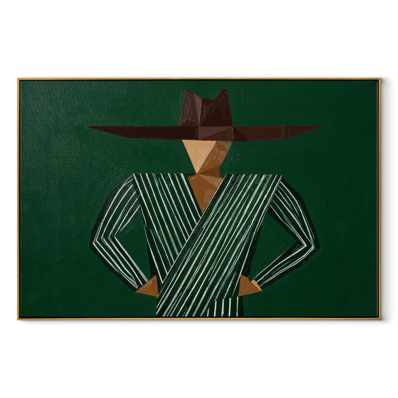 Forest Angles Hold Ground – Green Stripe Hands on Hips Figure Painting | Mid-Century Modern Horizontal Wall Art