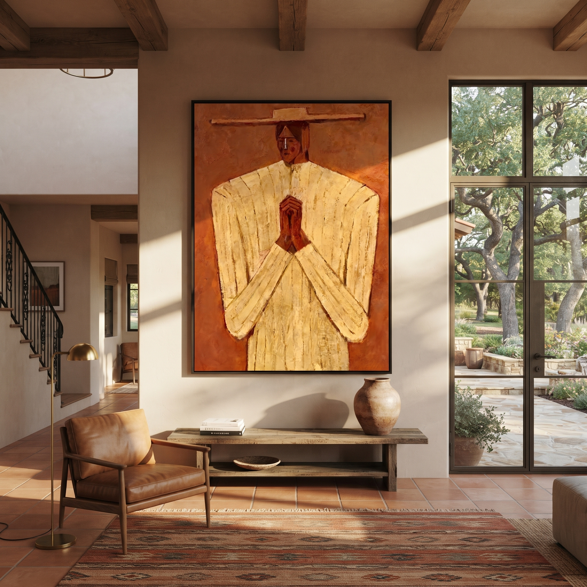 Ivory Hands Meet Terra displayed in a warm contemporary interior
