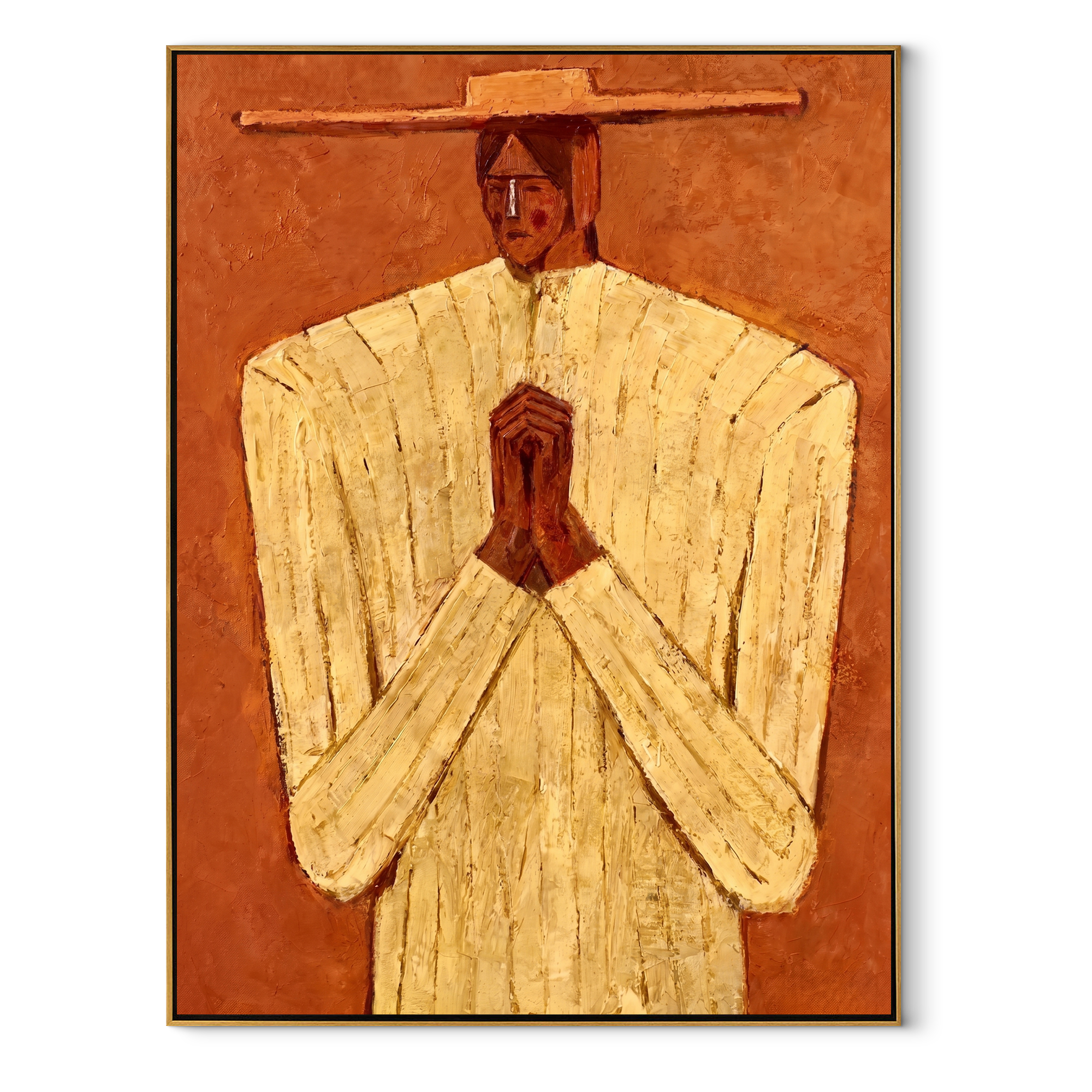 Ivory Hands Meet Terra abstract figurative textured painting, vertical canvas artwork
