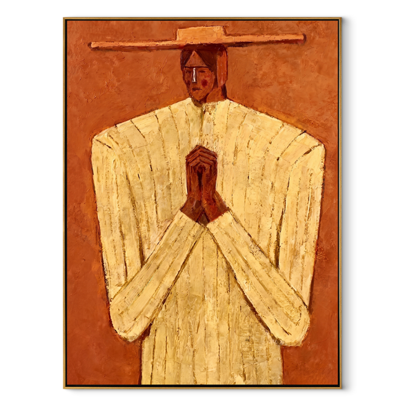 Ivory Hands Meet Terra – Praying Ivory Figure Painting | Mid-Century Modern Vertical Wall Art