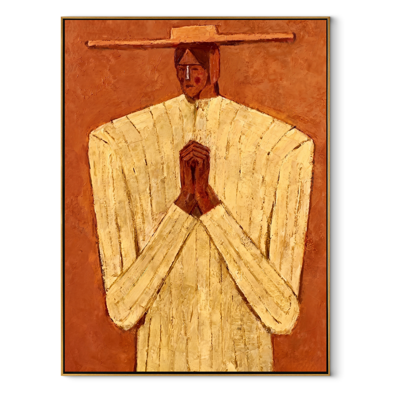 Ivory Hands Meet Terra – Praying Ivory Figure Painting | Mid-Century Modern Vertical Wall Art