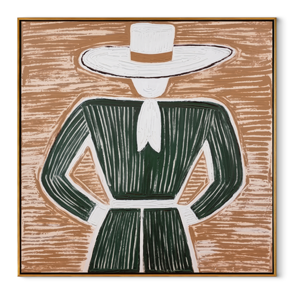 White Brim Frames Forest – Green Dress Hat Figure Painting | Mid-Century Modern Square Wall Art