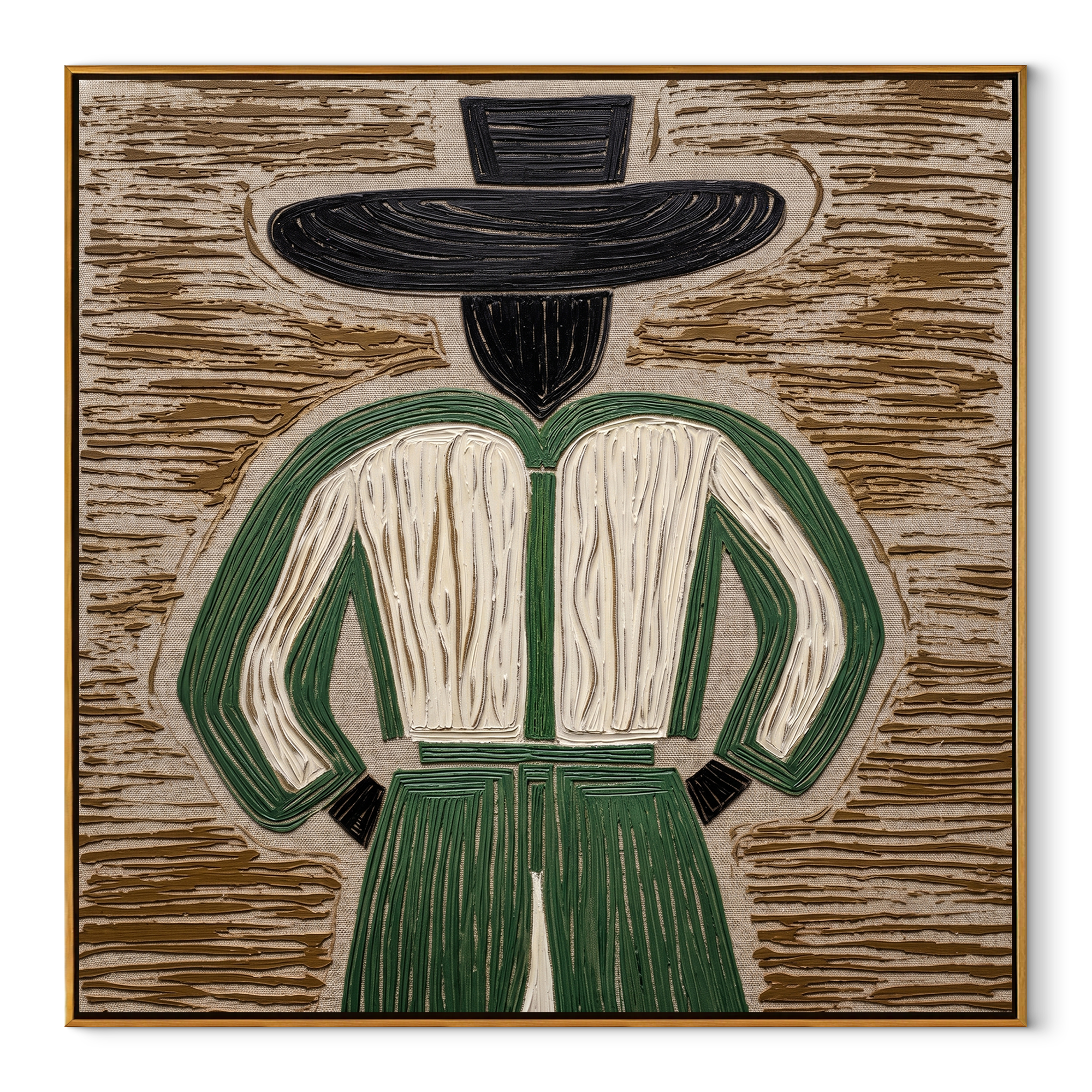 Green Back Turns Away abstract figurative textured painting, square canvas artwork