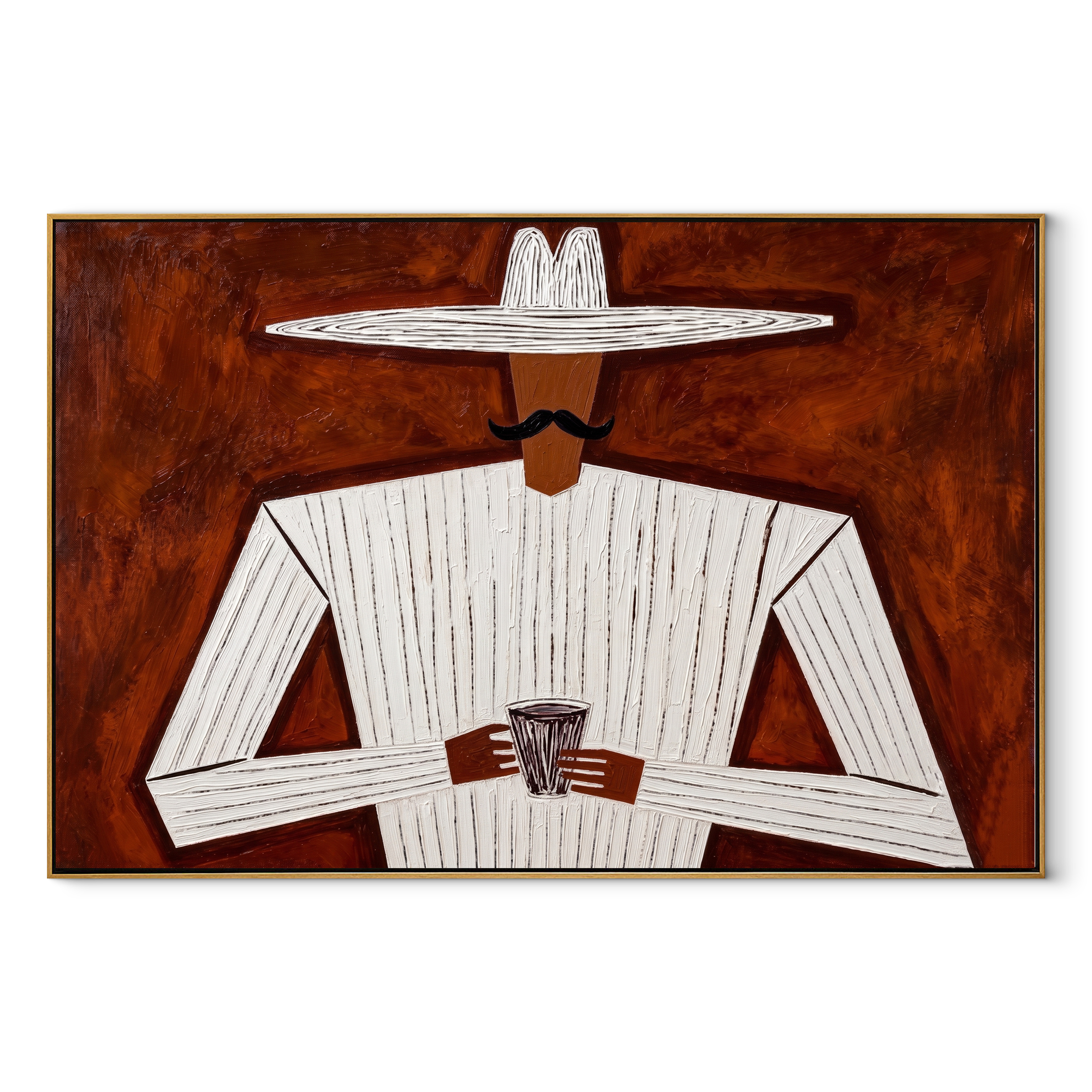 White Lines Hold Cup abstract figurative textured painting, horizontal canvas artwork