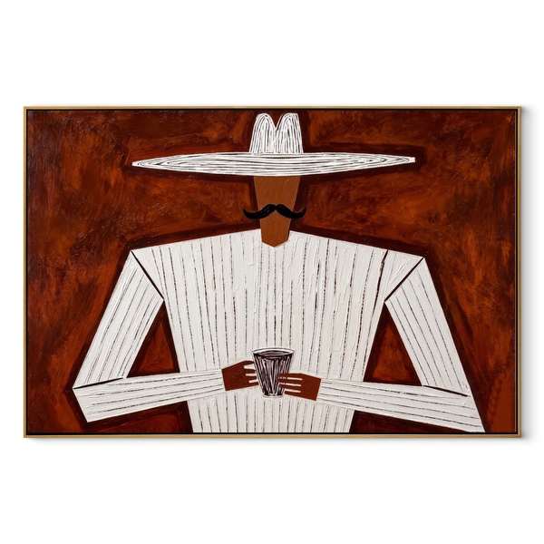 White Lines Hold Cup – White Hat Figure with Cup Painting | Mid-Century Modern Horizontal Wall Art