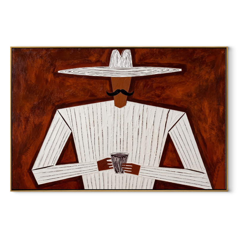 White Lines Hold Cup – White Hat Figure with Cup Painting | Mid-Century Modern Horizontal Wall Art