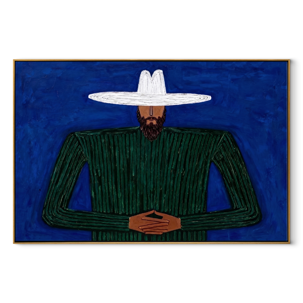 Cobalt Night Holds Forest – Bearded Green Figure Painting | Mid-Century Modern Horizontal Wall Art