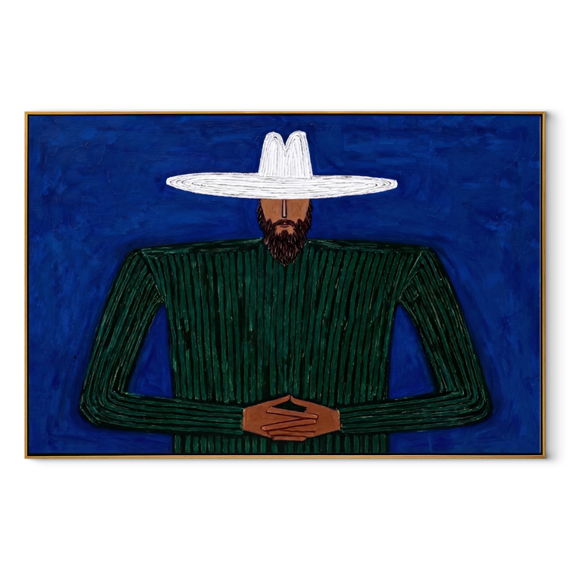 Cobalt Night Holds Forest – Bearded Green Figure Painting | Mid-Century Modern Horizontal Wall Art