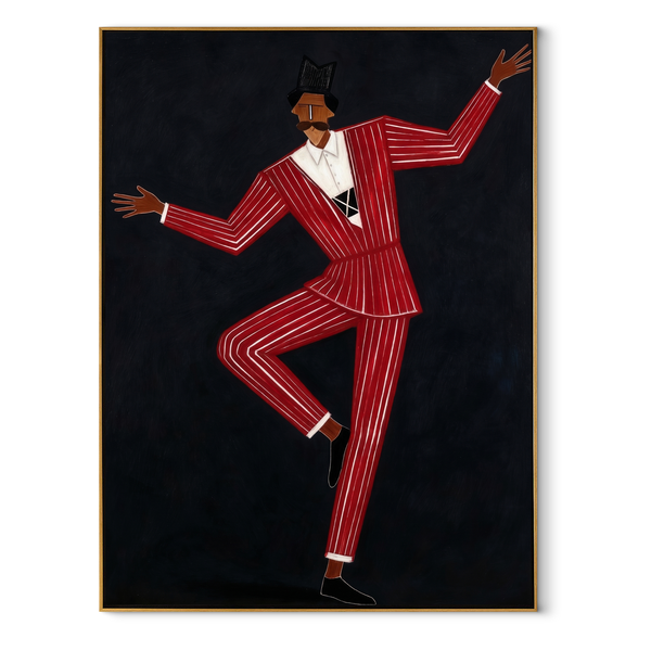 Scarlet Rhythm Takes Flight – Dancing Red Suit Figure Painting | Mid-Century Modern Vertical Wall Art