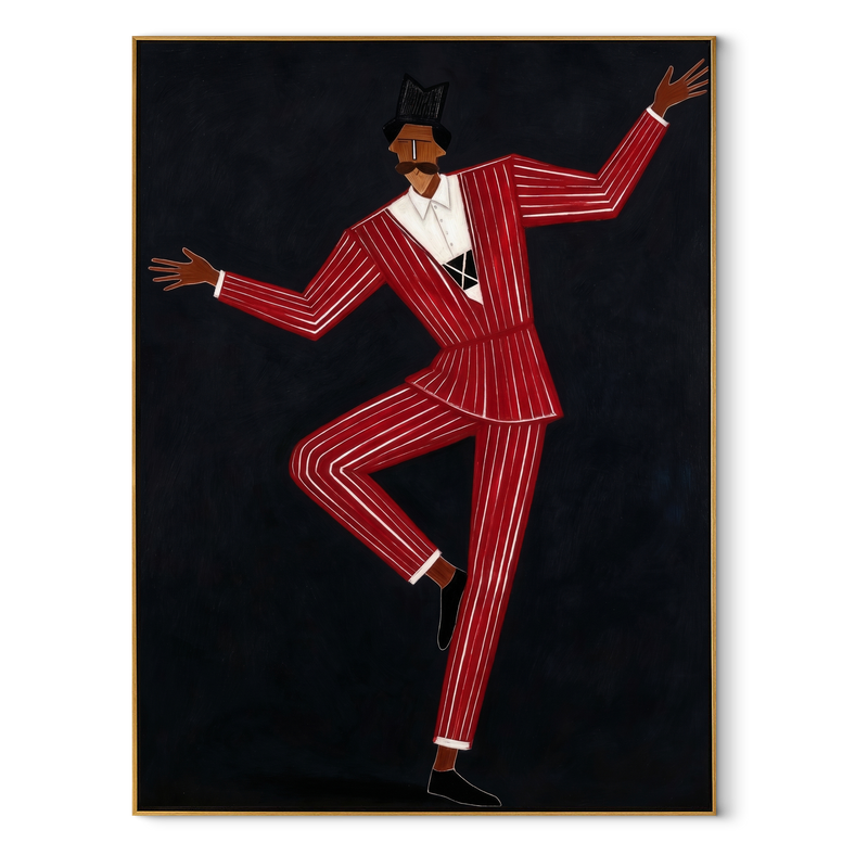 Scarlet Rhythm Takes Flight – Dancing Red Suit Figure Painting | Mid-Century Modern Vertical Wall Art