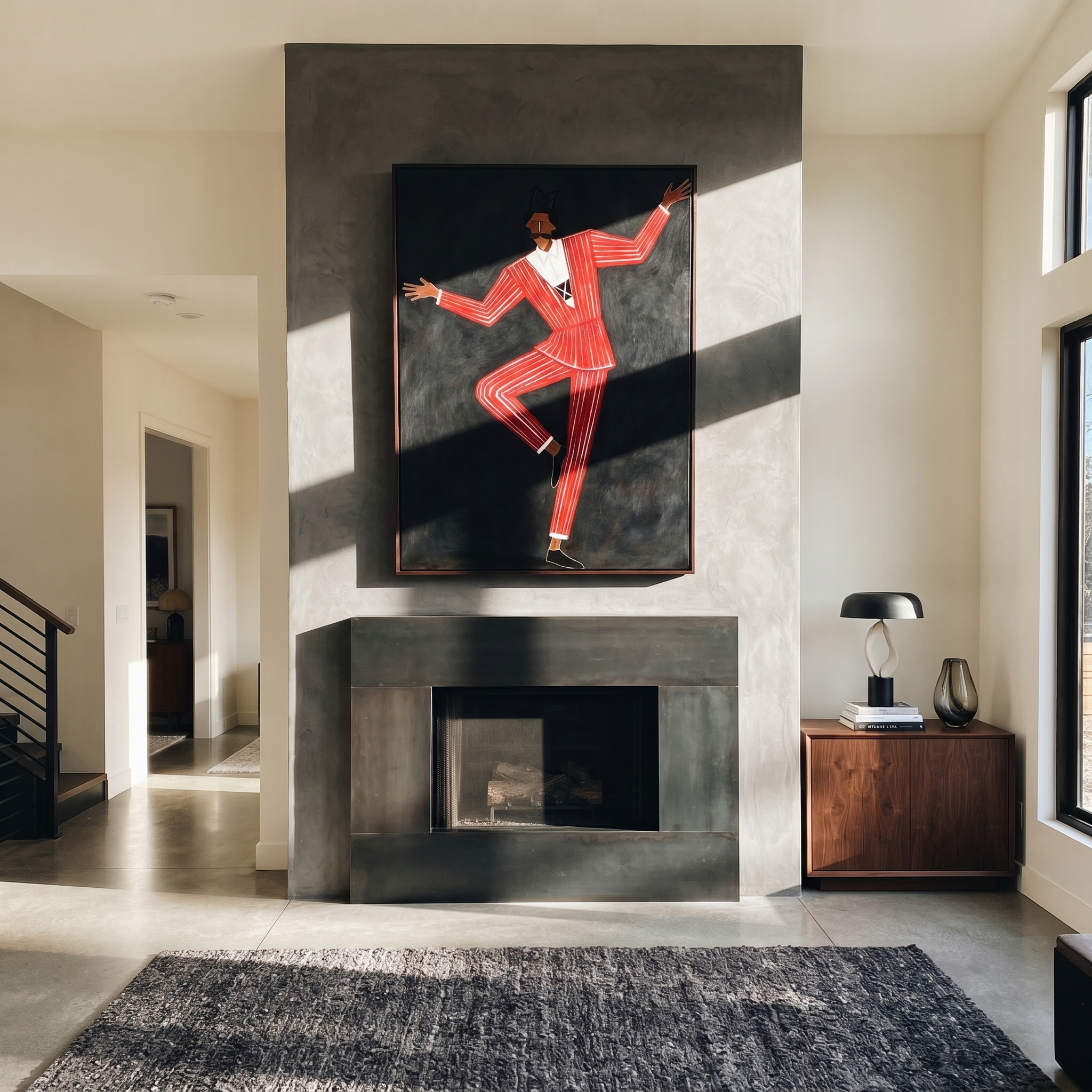 Scarlet Rhythm Takes Flight styled with neutral modern furnishings