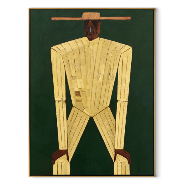 Golden Lines Bend Forward – Tall Gold Suit Figure Painting | Mid-Century Modern Vertical Wall Art