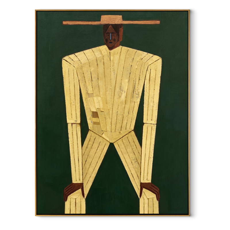 Golden Lines Bend Forward – Tall Gold Suit Figure Painting | Mid-Century Modern Vertical Wall Art